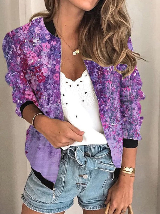 Women's Zipper Short Floral Long-sleeved Jacket Plus Size Clothing