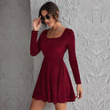 Waist-controlled Large Hem Temperament Long Sleeve Party Velvet Dress