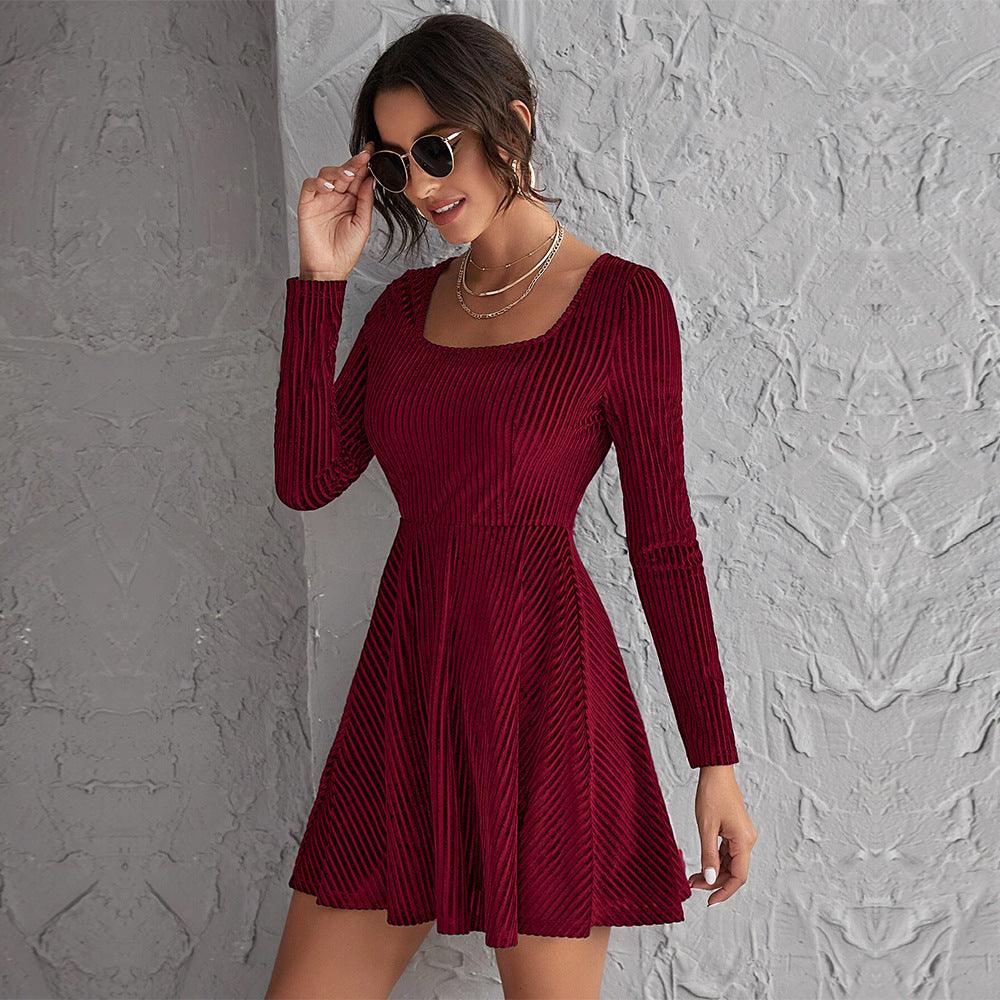 Waist-controlled Large Hem Temperament Long Sleeve Party Velvet Dress