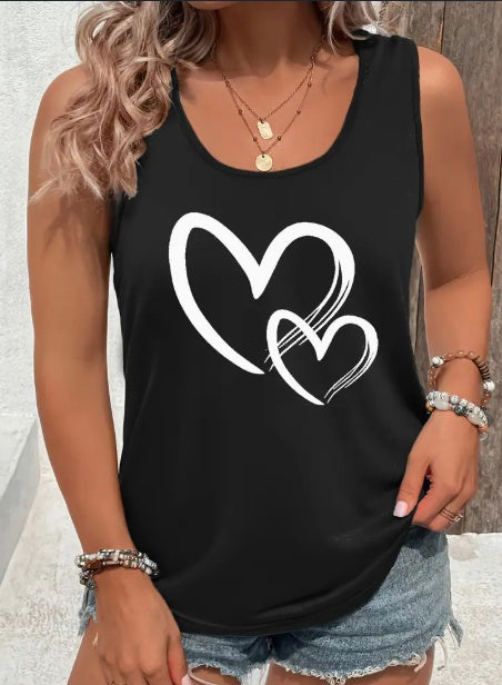 Hearts Print Crew Neck Tank Top, Casual Sleeveless Tank Top For Summer, Women's Clothing