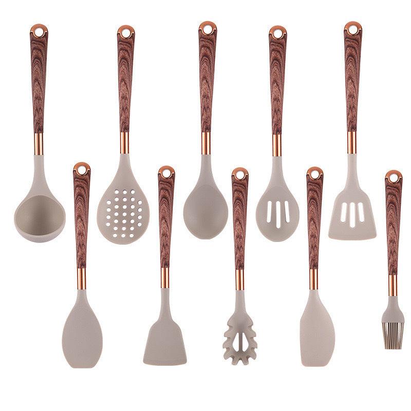 Silicone Kitchenware Set 11-piece Gold-plated Wood Grain Handle Non-stick Pan
