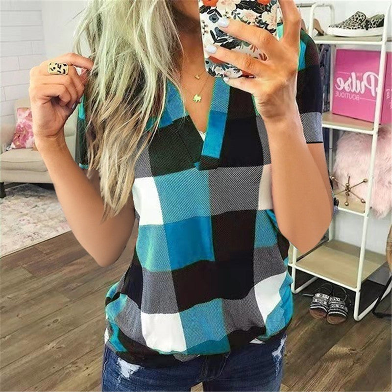 Women's New Shirt Plaid Printed V-Neck Short-Sleeved Shirt T-Shirt Women