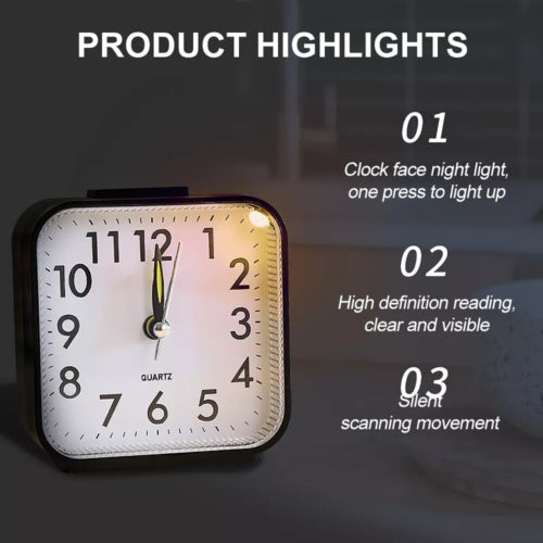 Quartz Alarm Clock With Night Light No Tick Snooze Silent Small Bedside Clock