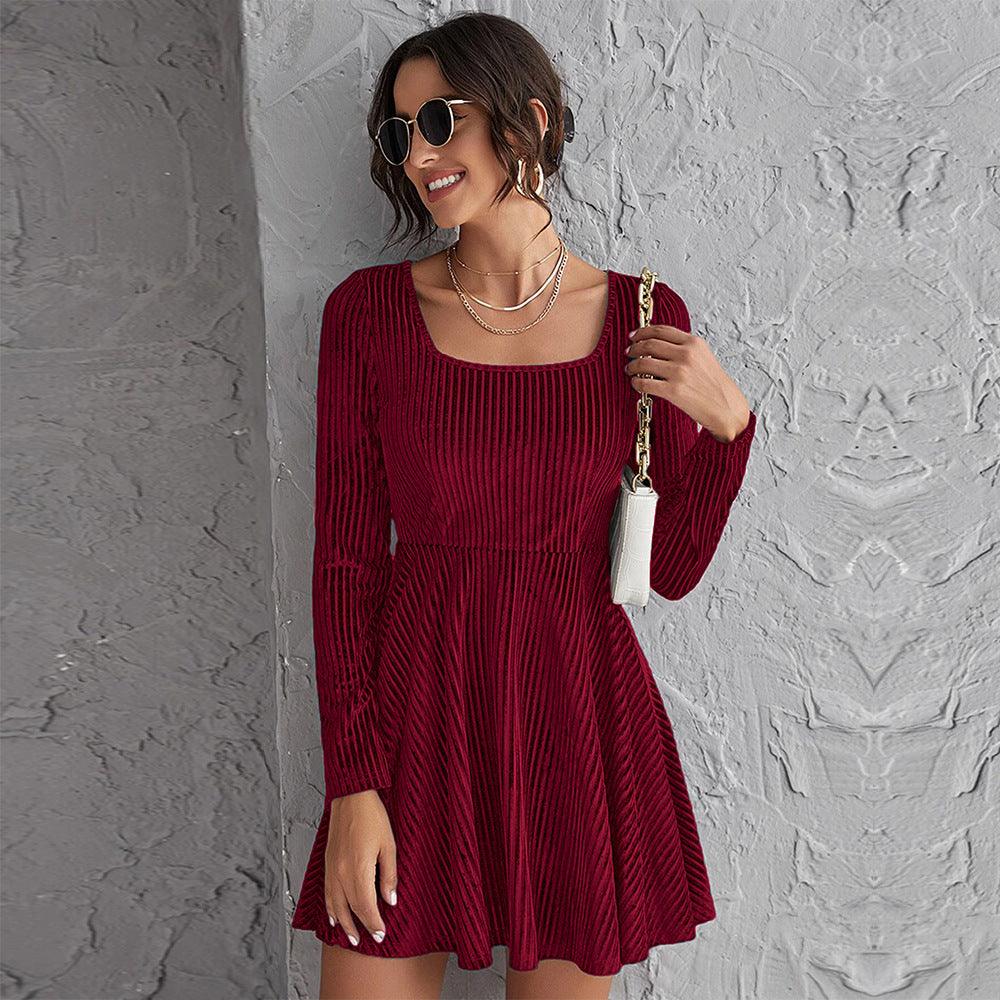 Waist-controlled Large Hem Temperament Long Sleeve Party Velvet Dress
