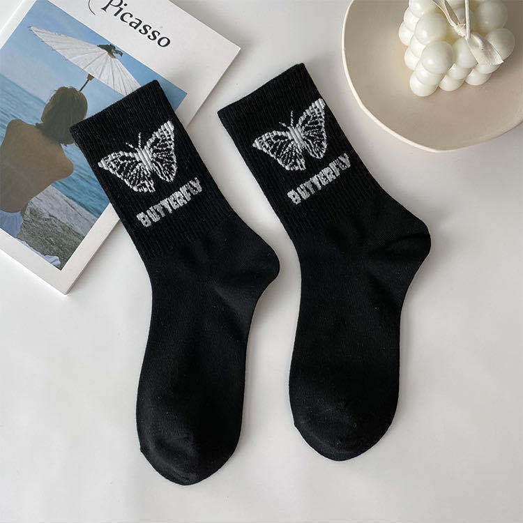 Butterfly Women's Tube Socks Hot Style Black And White Cartoon