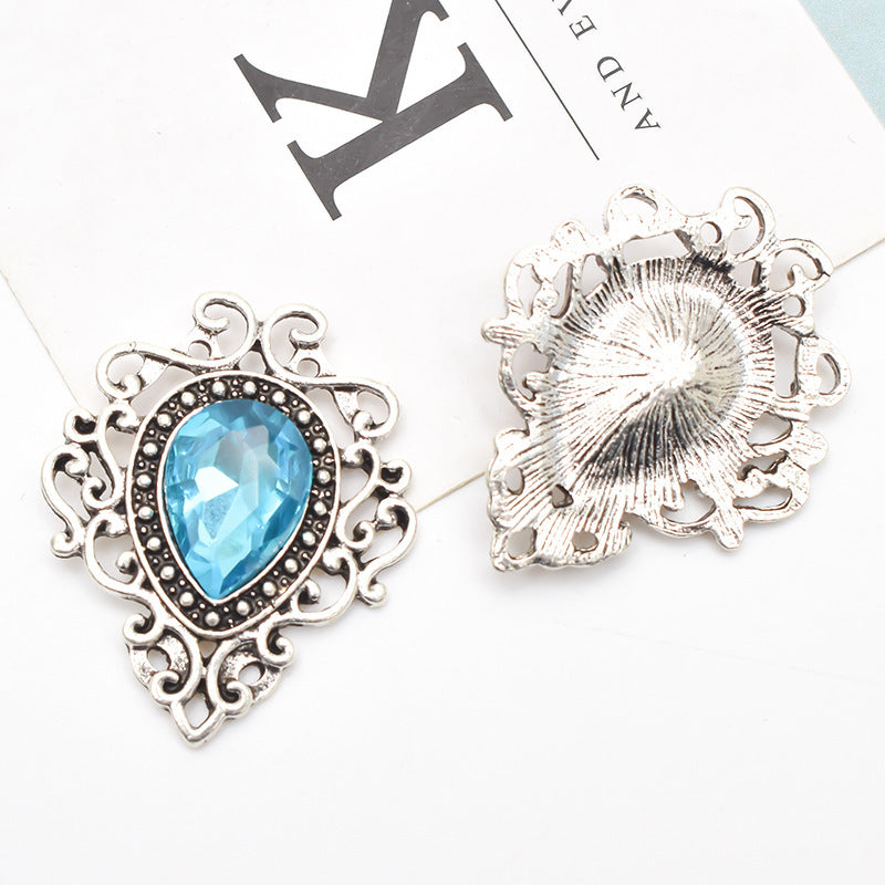 Antique Silver Alloy Flower Plate Water Drop Gem Brooch