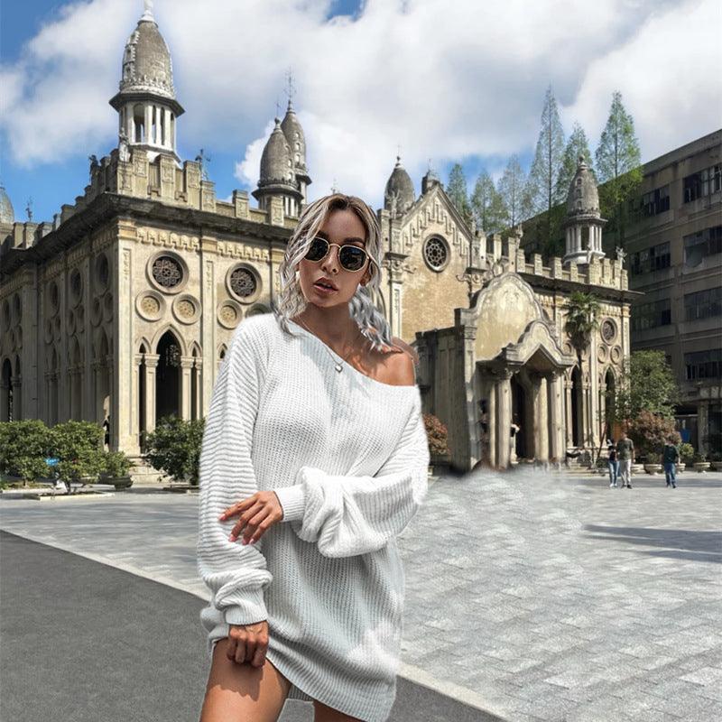 Women's Casual Off-the-shoulder Lantern Sleeve Knitted Sweater Dress