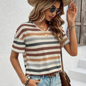 Women's Contrast Color V-neck Casual T-shirt