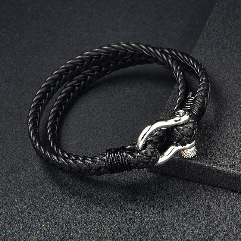 Navy Anchor Chain Genuine Leather Vachette Clasp Woven Leather Bracelet