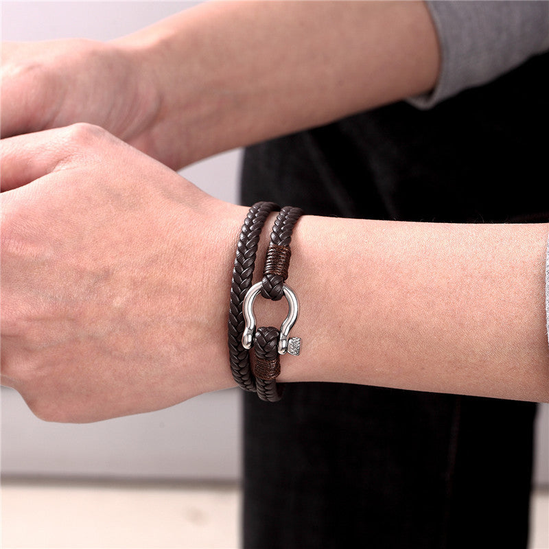 Navy Anchor Chain Genuine Leather Vachette Clasp Woven Leather Bracelet