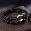 Navy Anchor Chain Genuine Leather Vachette Clasp Woven Leather Bracelet