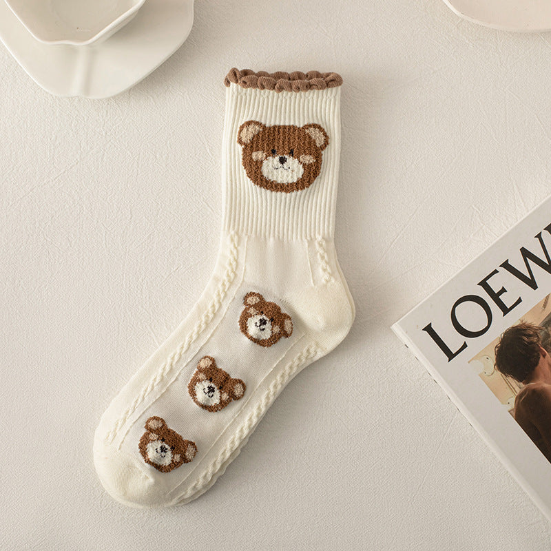 Coffee Color Wool Yarn Bear Socks Women's Middle Tube