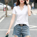 Summer Loose Short-sleeved Women's T-shirt Slub Cotton V-neck Casual