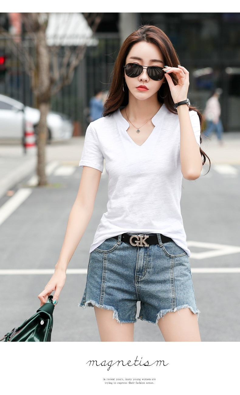 Summer Loose Short-sleeved Women's T-shirt Slub Cotton V-neck Casual