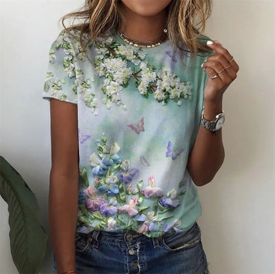 New Women's Wish Floral Print Blouse Round Neck Short-sleeved T-shirt