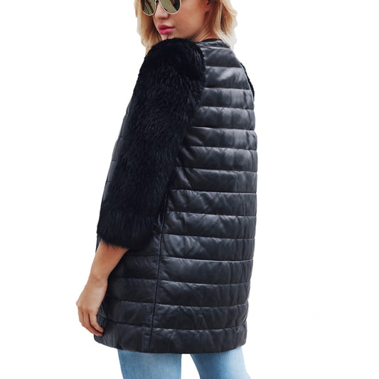 PU Leather Faux Fur 3/4 Sleeve Jacket