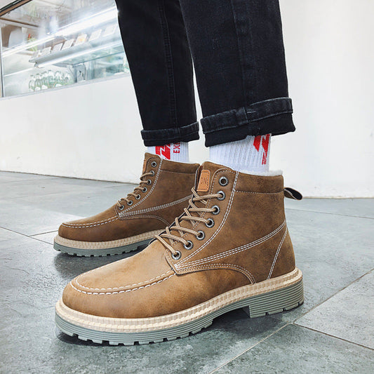 Casual thick-soled lace-up retro work boots men