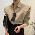 Retro Simple Lapel Hidden Hook Design Patchwork Ruffled Loose Long Sleeve Shirt Top