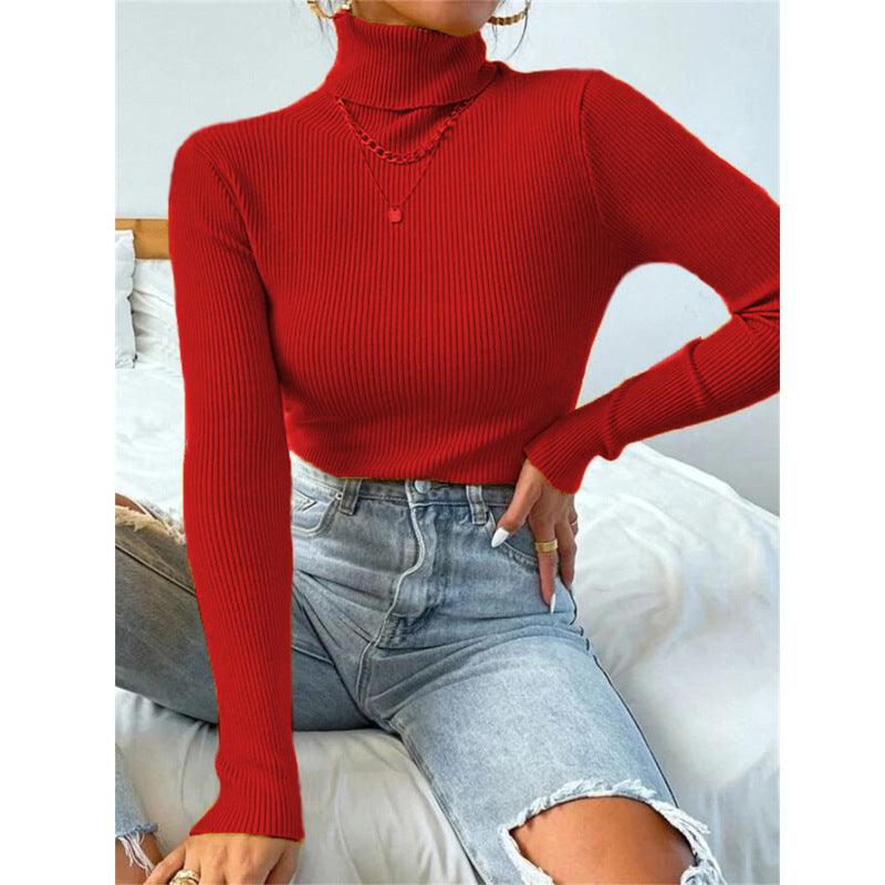 New European And American Women's High Neck Sweater Pullover Knitted Top