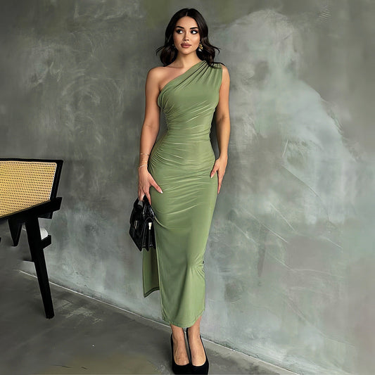 One-shoulder Sleeveless Pleated Slit Dress