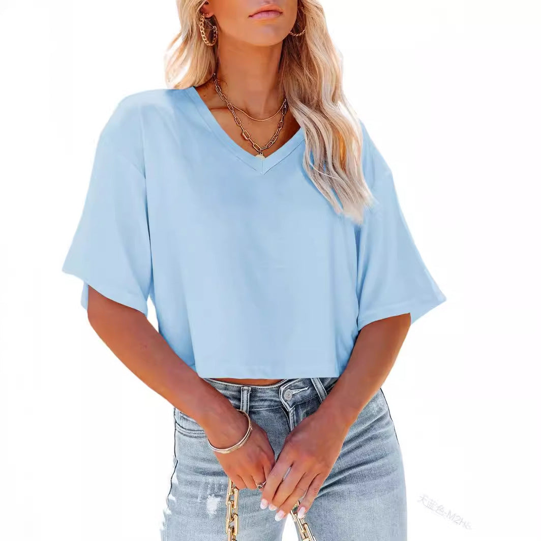 Women's V-neck Short Sleeve Loose T-shirt Short Midriff-baring Top