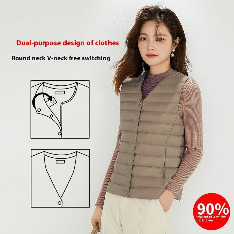 Women's Liner Waistcoat Lightweight Vest Down Jacket Round Neck Thin Lightweight