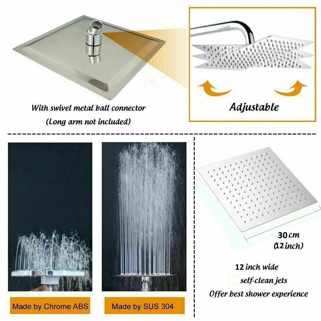 12 Large Square Shower Head Chrome Stainless Steel Rainfall Overhead Bathroom   The UK Does Not Include VAT, Which Needs To Be Borne By Oneself. Please Consider Carefully Before Placing An Order