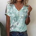 European And American 3d Printed Short Sleeve Summer Floral Button V-neck Ladies T-shirt