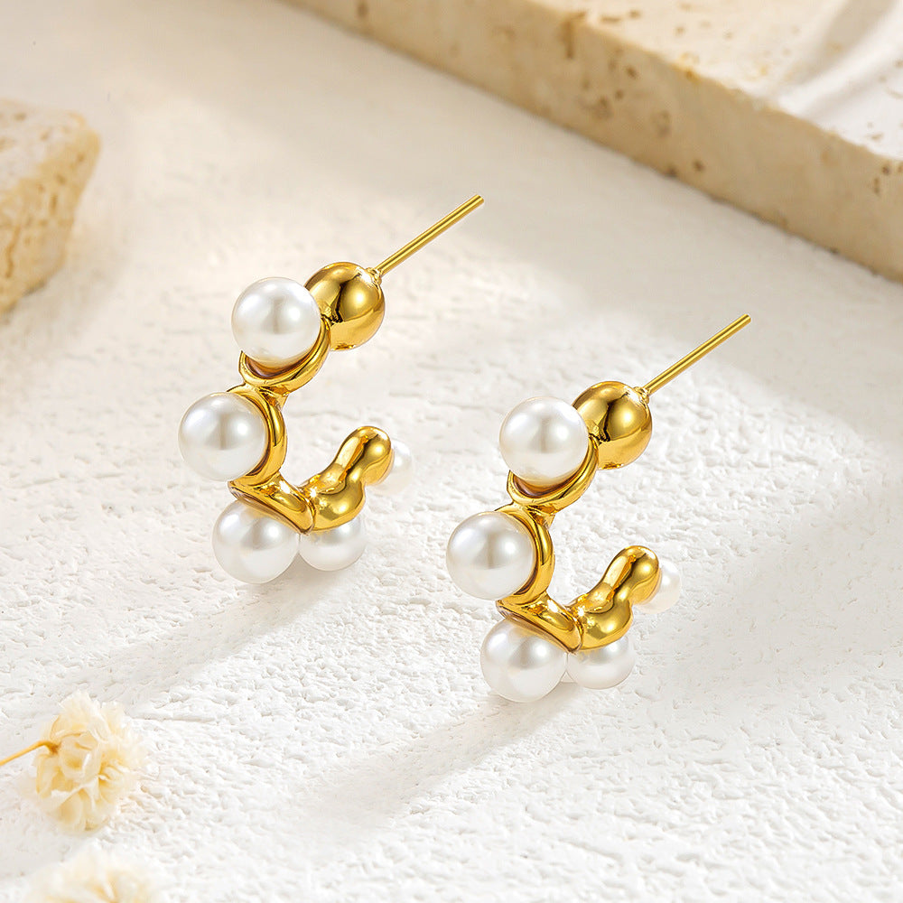 Stainless Steel C- Shaped Pearl Stud Earrings