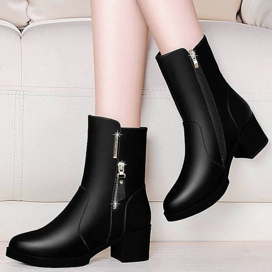 Women's mid-tube Martin boots with thick heel side zipper