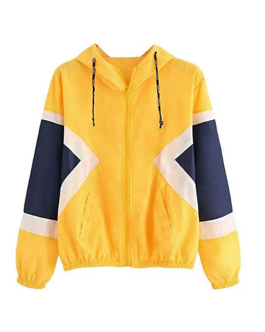 Women's Color Block Elastic Band Waist Hooded Jacket