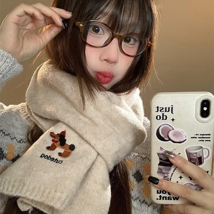 Autumn And Winter Fashionable Warm Cartoon Cute Embroidered Puppy Scarf For Women