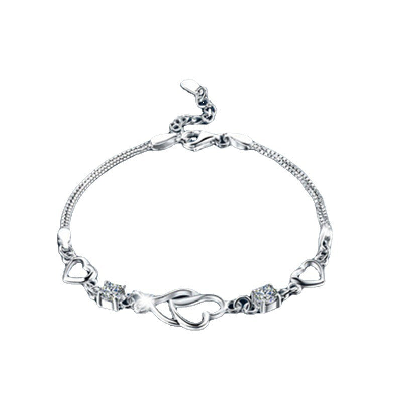 White Copper Silver-plated Heart-shaped Bracelet Heart-to-heart Diamond