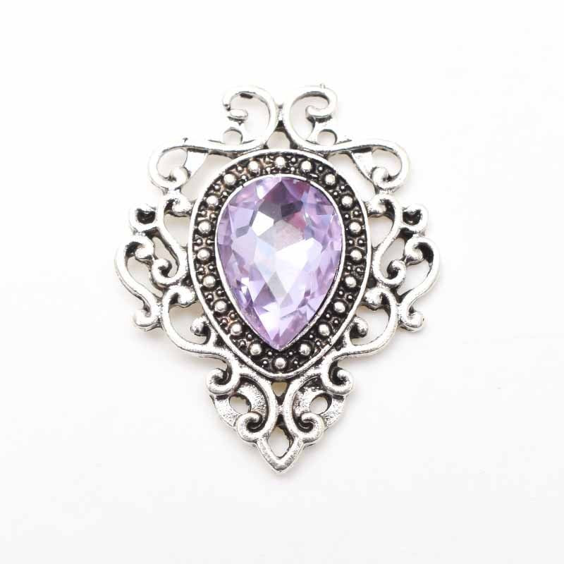 Antique Silver Alloy Flower Plate Water Drop Gem Brooch