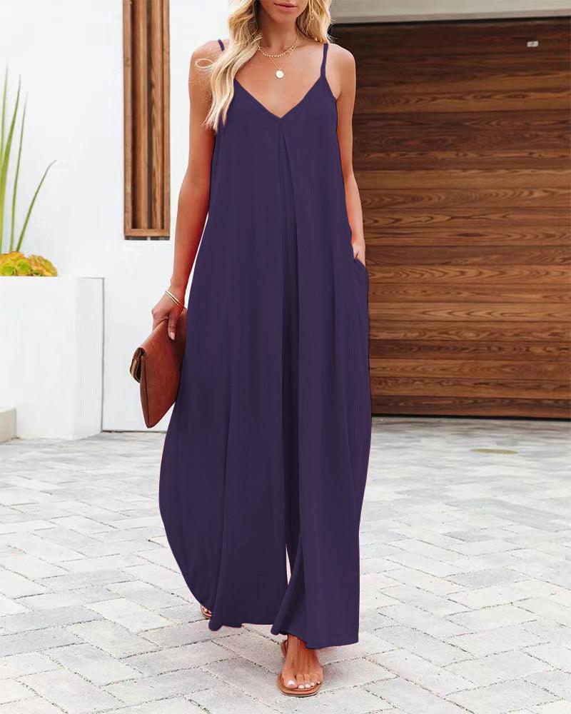 Women's Sling Wide-leg Pants Solid Color Pocket Casual Jumpsuit