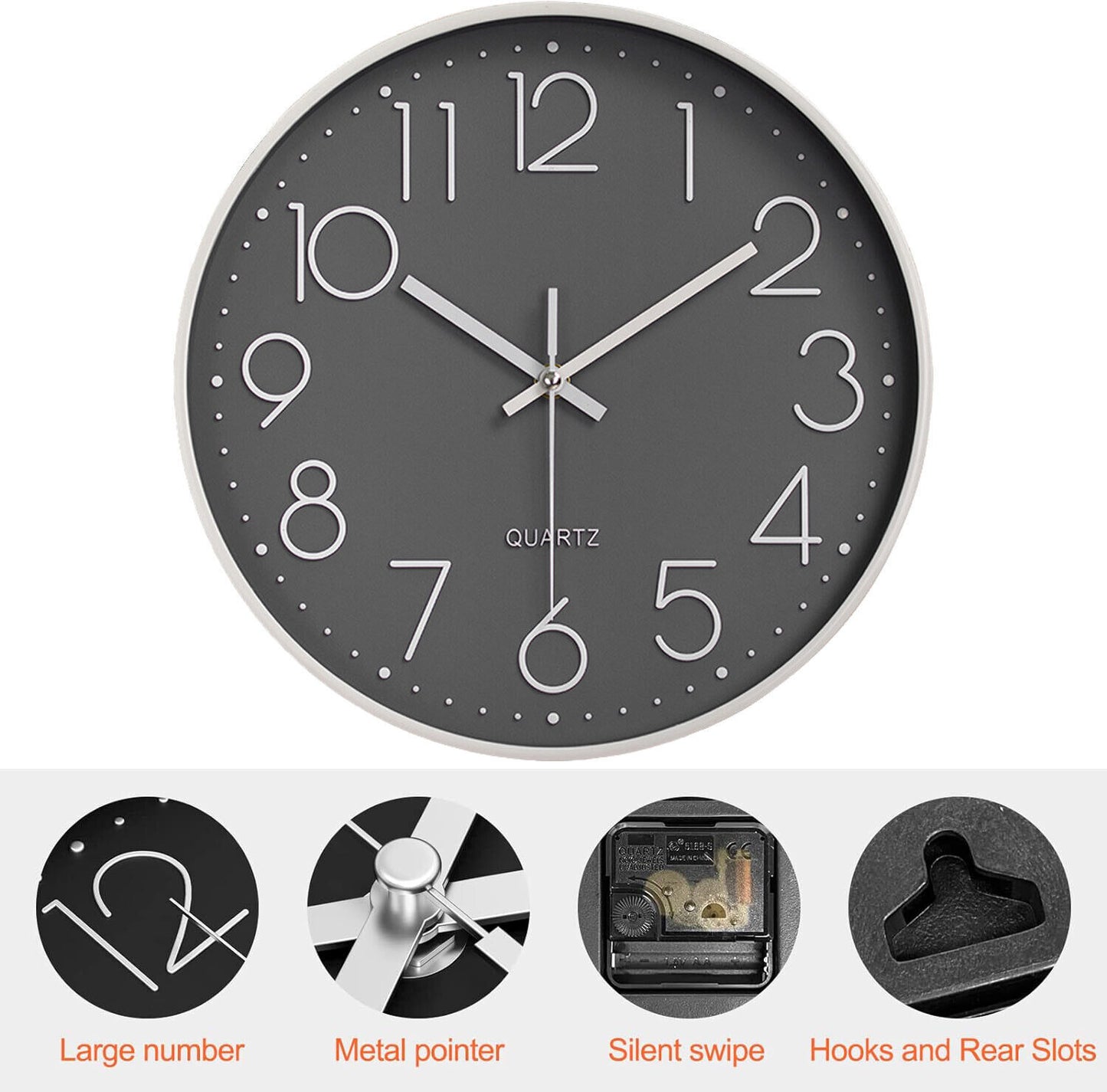 12  Wall Clock Silent Non Ticking Clock For Living Room Bedroom Kitchen Office