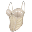 Mesh Camisole Low Cut Contrast Color Cinched Waist Slim-fit Breathable Body Shaping Fishbone Corset