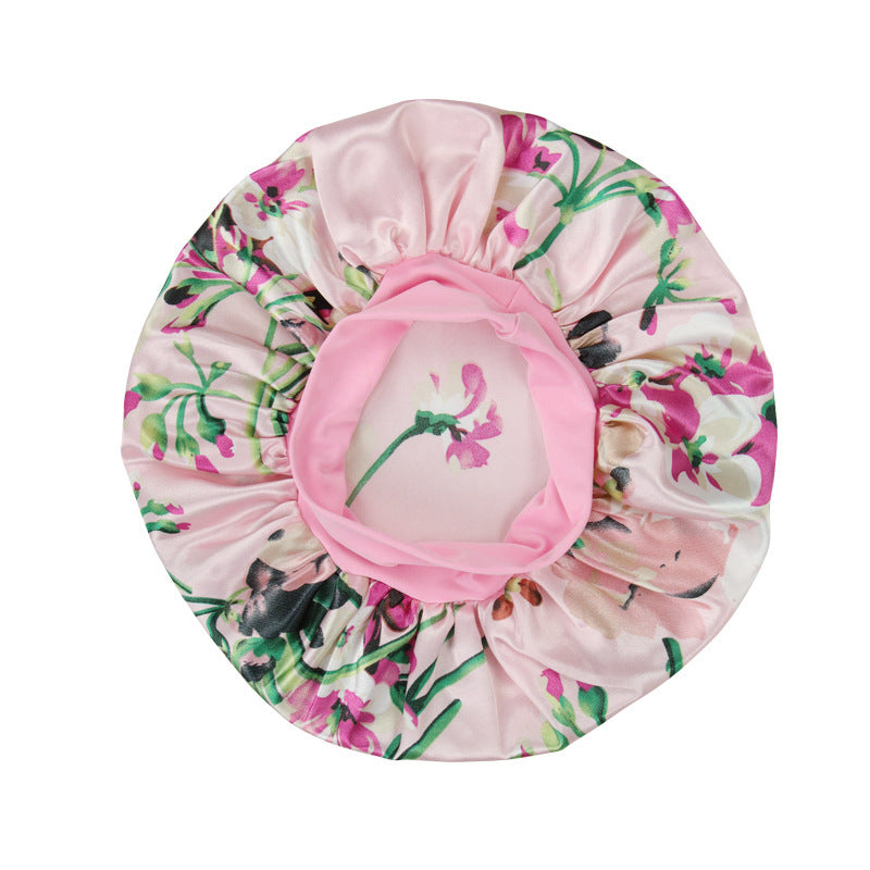 New Satin Print Nightcap Wide-brimmed Elastic Shower Cap