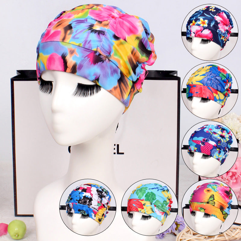 Pleated Swim Cap Men's And Women's Cute Print Solid Color Adult Plus Size