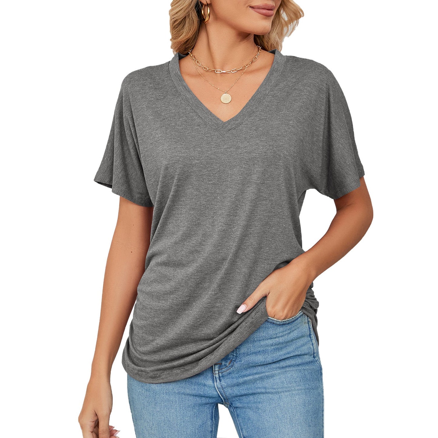 Leisure Pullover V-neck Solid Color Loose T-shirt Women's Top