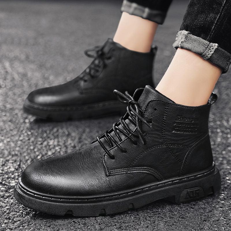 New Men's Shoes High-top Martin Boots Pig Leather Boots Solid Color