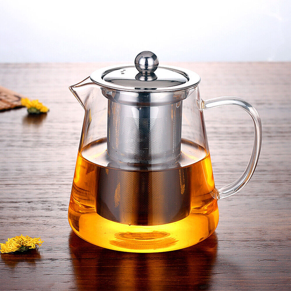 Heat Resistant Clear Glass Teapot Jug With Infuser Coffee Tea Leaf Herbal Pot