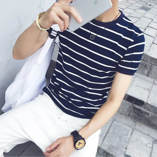 Striped short-sleeved T-shirt slim slim simple