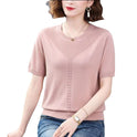 Summer Hollow-out Ice Silk Short Sleeve Middle-aged Round Neck Knitted Shirt Thin