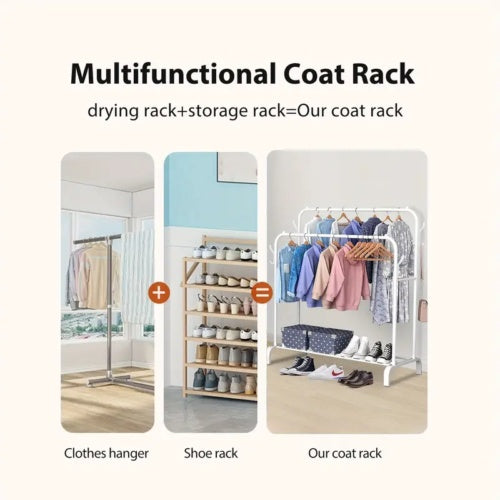 Multifunctional Coat  Clothing Double Rod Hanger With Shelf Freestanding White