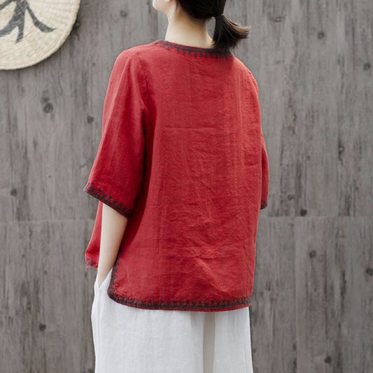 Artistic Retro Cotton And Linen Solid Color Embroidered Crew Neck Half Sleeve