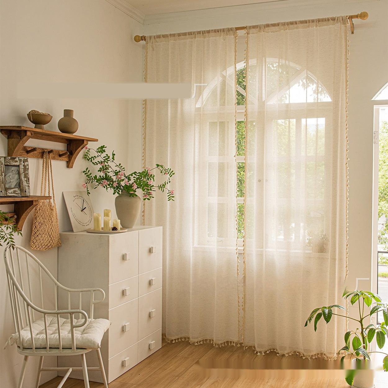 Bohemian Tassel Lace Cotton Linen Texture Transparent Curtain