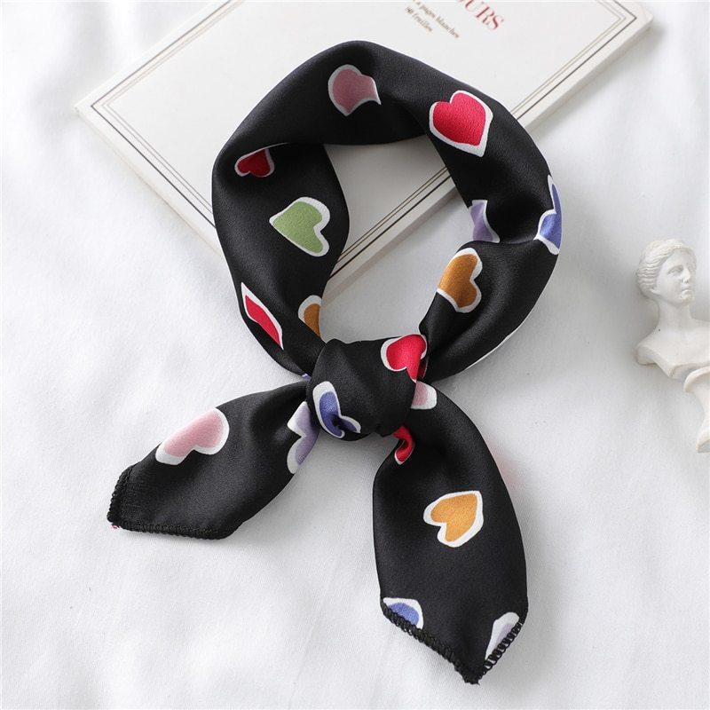 Lovely Heart Print Small Silk Scarf for Hair Tie Women Square Neck Scarves Foulard Female Bag Skinny Band Neckerchief Bandana