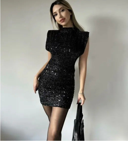 2024 New Sleeveless Shoulder Dress Sequins Slim-fit Hip-wrapped Short Dress Socialite Style