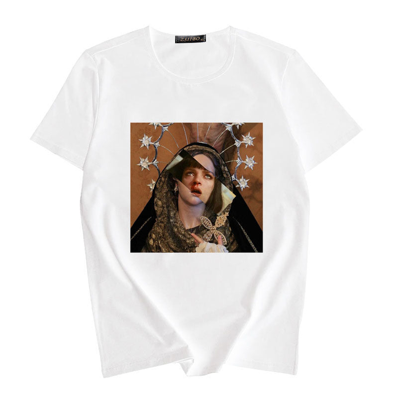 Women's Summer Spoof Oil Painting Print Round Neck T-shirt Top